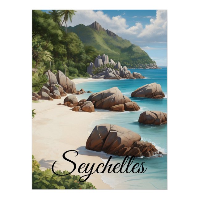 Affiche de voyage de la plage des Seychelles (Devant)
