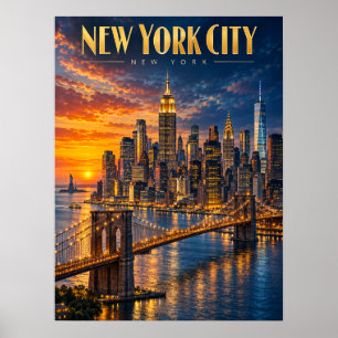 Affiche de voyage de la skyline dorée de New York