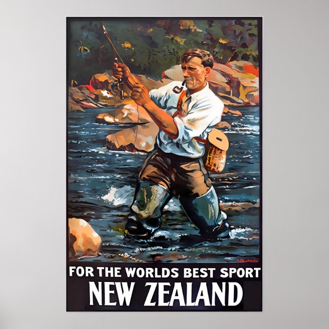 Affiche de voyage de Nouvelle-Zélande Art Fly Fish (Devant)