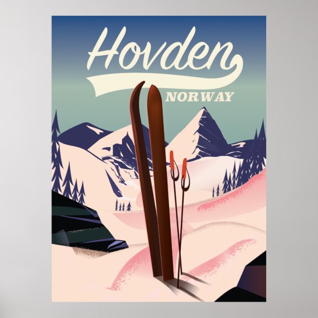 Affiche de voyage de ski à Hovden en Norvège. Affi (Devant)