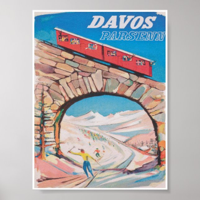 Affiche de voyage de ski Vintage Davos Suisse (Devant)