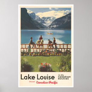 Affiche de voyage du lac Louise, pêche, art rétro,