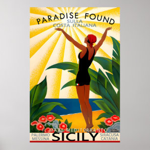Affiche de voyage en Sicile Italie Méditerranée Pa