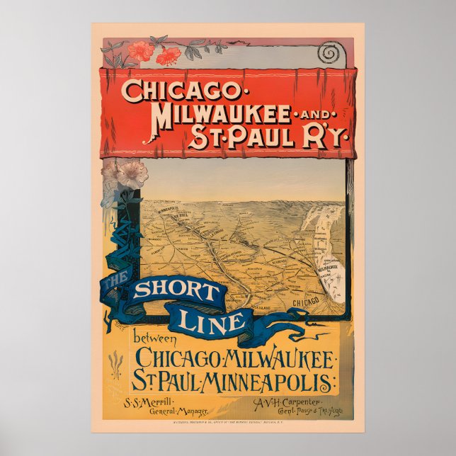 Affiche de voyage en train Chicago, Milwaukee & St (Devant)