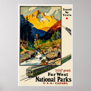 Affiche de voyage en train vers les parcs nationau