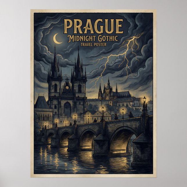 Affiche de voyage gothique de minuit à Prague, Rép (Devant)