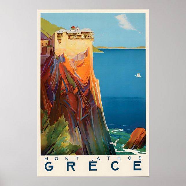 Affiche de voyage Grèce vintage Monastère du Mont  (Devant)