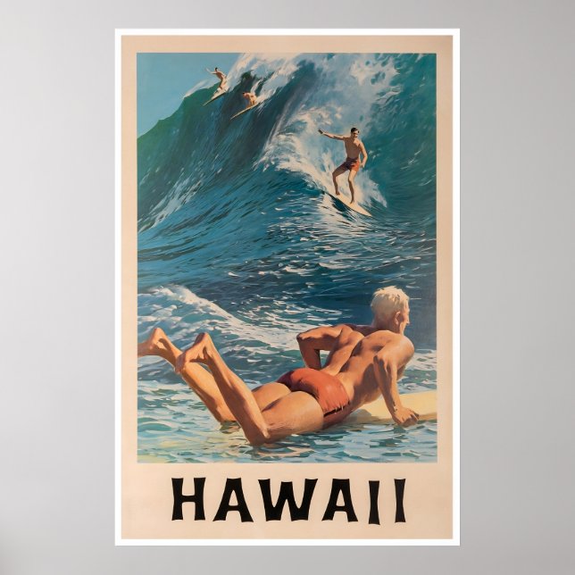 Affiche de voyage Hawaï Impression de surfeur Art  (Devant)
