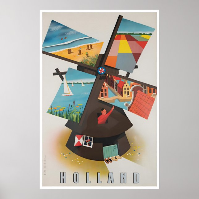 Affiche de voyage Hollande Art Pays-Bas Moulin à v (Devant)