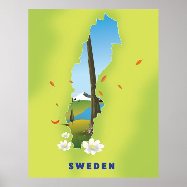 Affiche de voyage illustrée carte de Suède. (Devant)