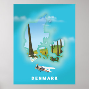 Affiche de voyage illustrée de la carte du Danemar