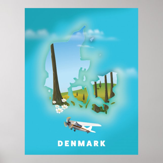 Affiche de voyage illustrée de la carte du Danemar (Devant)