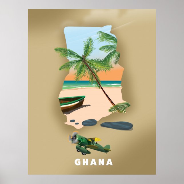 Affiche de voyage illustrée de la carte du Ghana. (Devant)