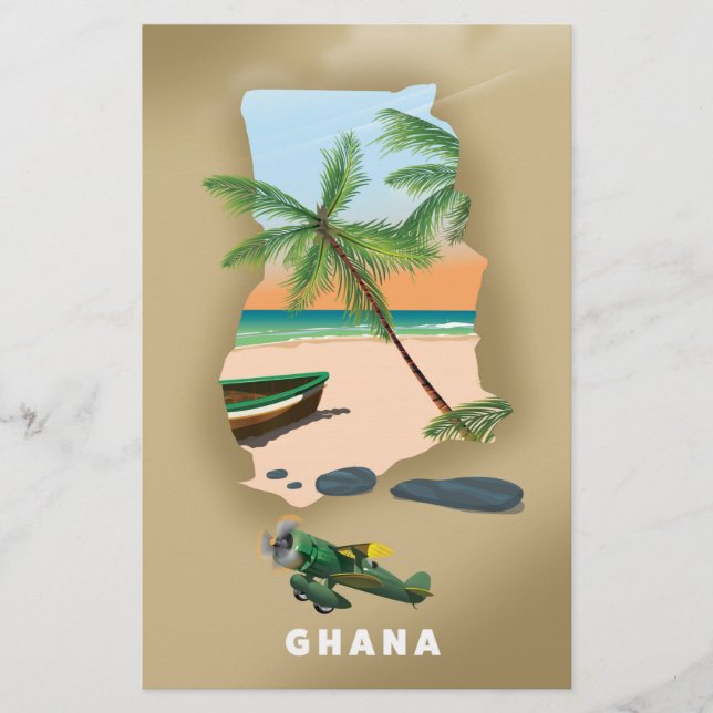 Affiche de voyage illustrée de la carte du Ghana. (Devant)