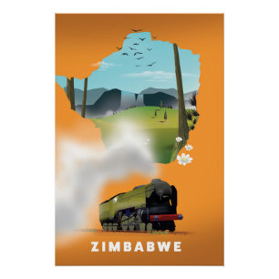 Affiche de voyage illustrée de la carte du Zimbabw