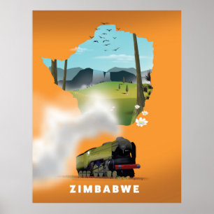 Affiche de voyage illustrée de la carte du Zimbabw