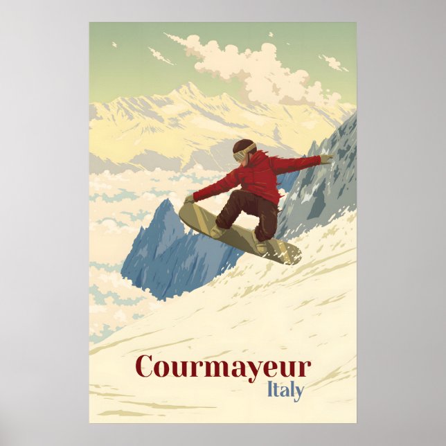 Affiche de voyage pour le snowboard à Courmayeur (Devant)