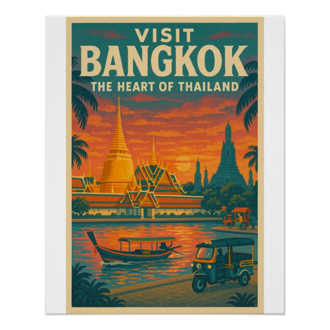 Affiche de voyage rétro de Bangkok, Thaïlande (Devant)