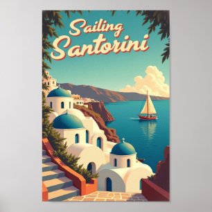 Affiche de voyage rétro - Santorin à voile