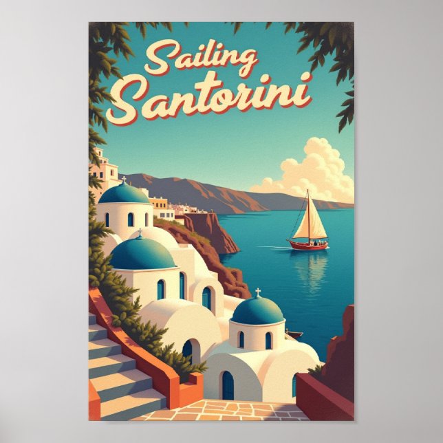 Affiche de voyage rétro - Santorin à voile (Devant)