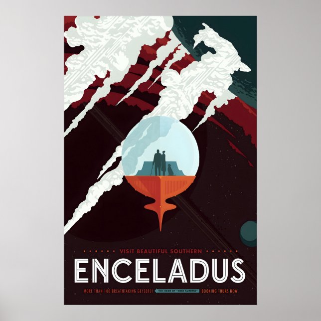 Affiche de voyage rétro sci-fi Enceladus Futuriste (Devant)