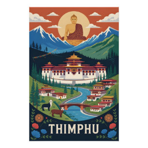 Affiche de voyage rétro Thimphu Bhoutan