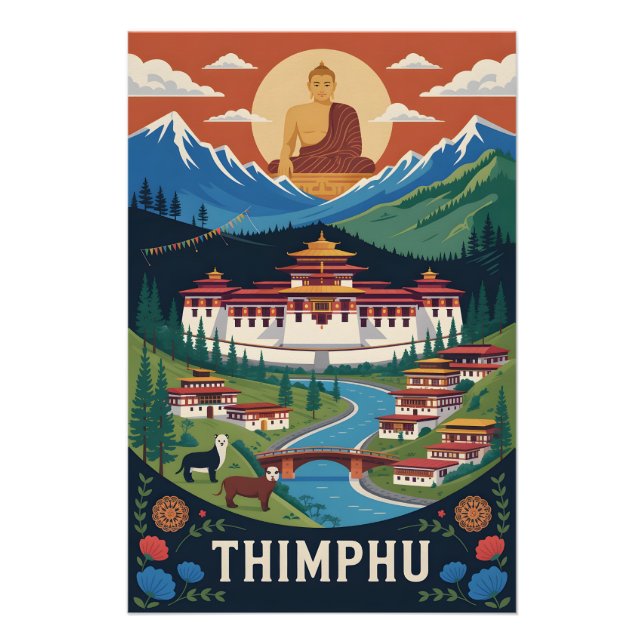 Affiche de voyage rétro Thimphu Bhoutan (Devant)