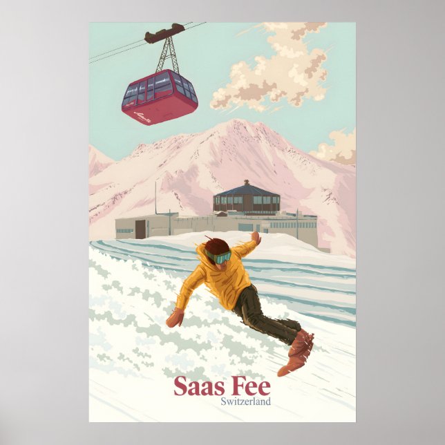 Affiche de voyage Saas Fee Suisse Snowboard (Devant)