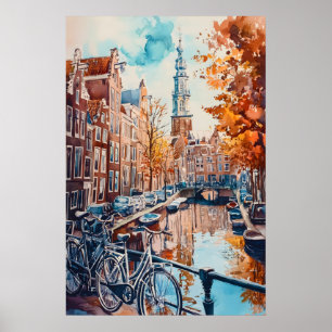 Affiche de voyage vintage aquarelle Amsterdam Ski