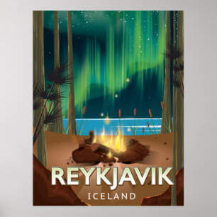 Affiche de voyage vintage de camping à Reykjavik