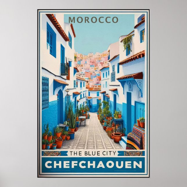Affiche de voyage vintage de Chefchaouen, Maroc (Devant)