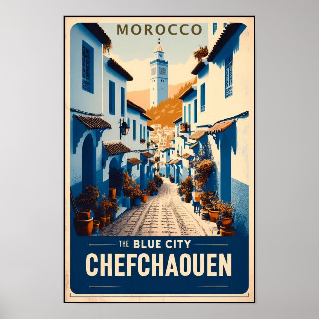 Affiche de voyage vintage de Chefchaouen, Maroc (Devant)