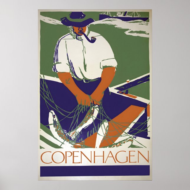 Affiche de voyage vintage de Copenhague pêcheur Da (Devant)