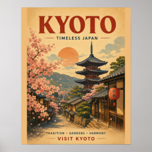 Affiche de voyage vintage de Kyoto avec des fleurs