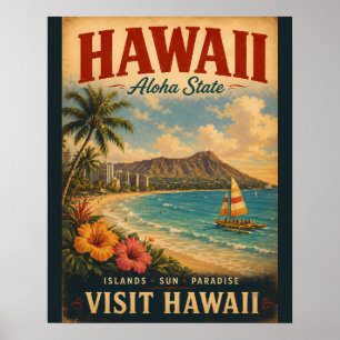 Affiche de voyage vintage Hawaï avec plage tropica