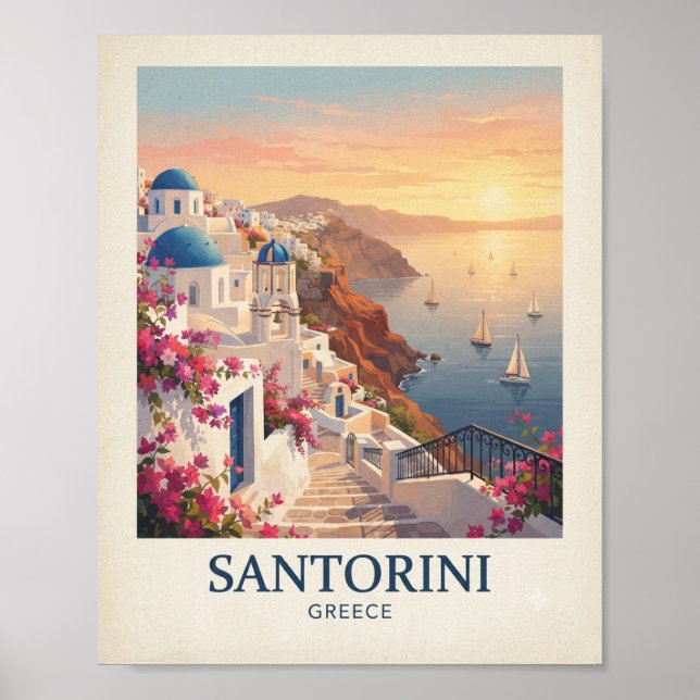 Affiche de voyage vintage Santorin Grèce | Mediter (Devant)