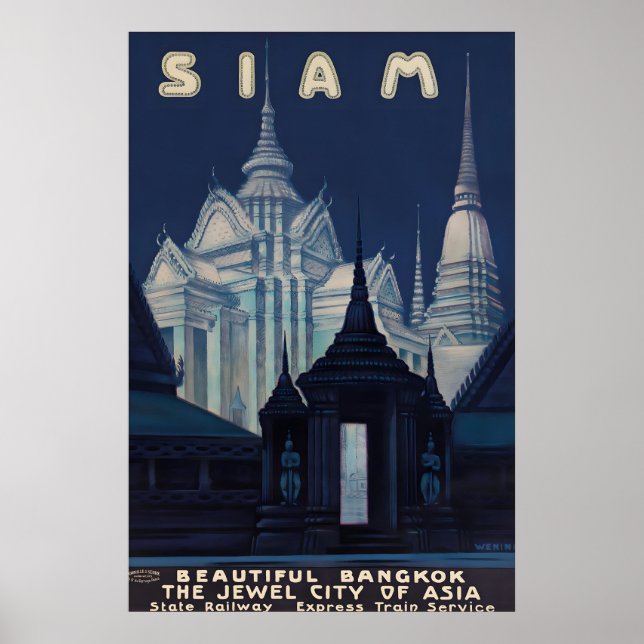 Affiche de voyage vintage Siam Bangkok, Thaïlande (Devant)
