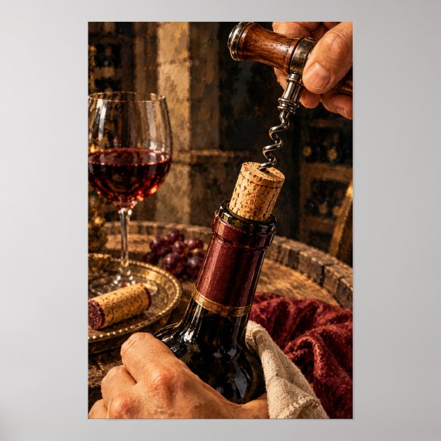 Affiche Déboucher une bouteille de vin rouge – Nature mort (Devant)