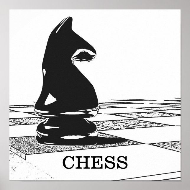 Affiche d'échecs avec la pièce de chevalier noir (Devant)