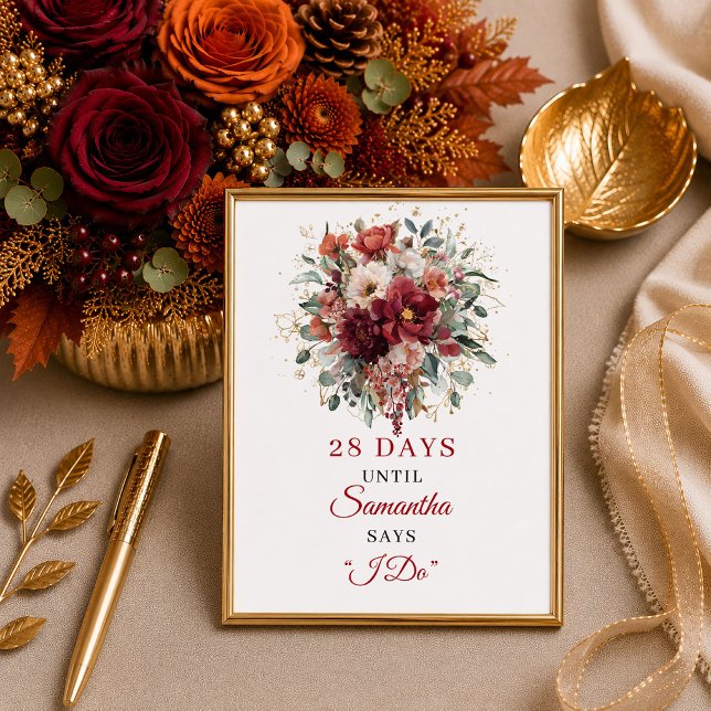 Affiche Décompte de baby shower automnal avec des fleurs b (Timeless burgundy floral fall bridal shower countdown sign

)