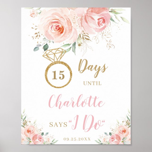 Affiche Décompte des Jours de Mariage Fleurs Roses en Roug (Devant)