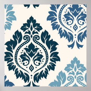 Affiche Décor Damask Art I Blues on Cream