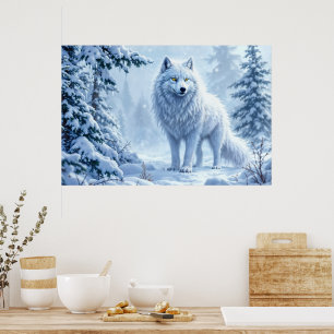 Affiche Décor de glace de loup blanc de forêt neigeuse