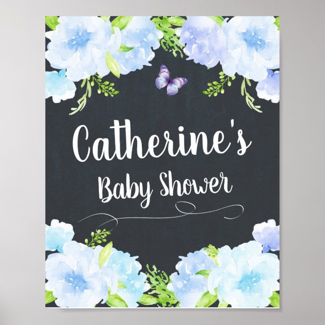 Affiche Décor de l'affiche du Baby shower Floral bleu (Devant)