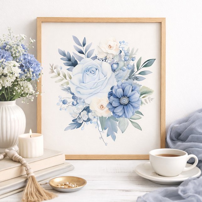 Affiche Décor de maison floral bleu poussiéreux blanc (Serene dusty blue and white floral art print)