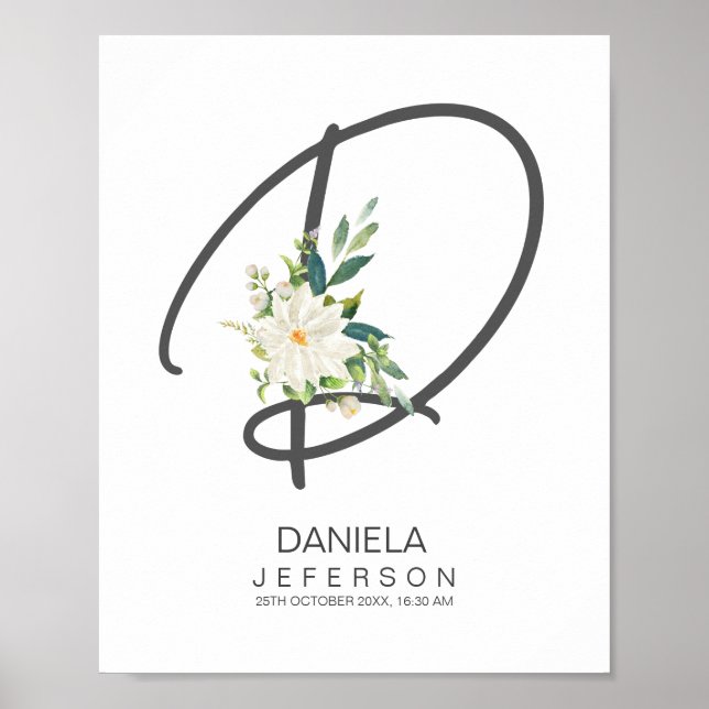 Affiche Décor de monogramme de lettre D rose floral (Devant)