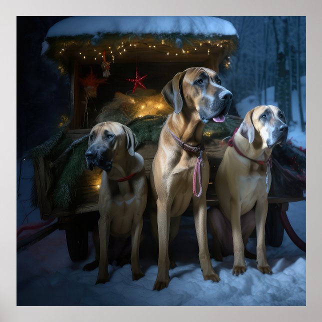 Affiche Décor de Noël au traîneau enneigé Rhodesian Ridgeb (Devant)