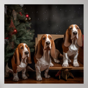 Affiche Décor de Noël Basset Hound Snowy Sleigh