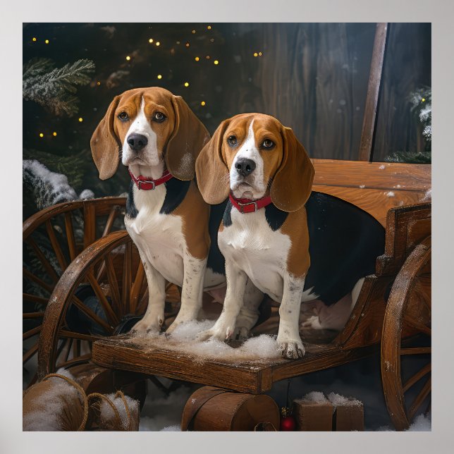 Affiche Décor de Noël beagle Snowy Sleigh (Devant)