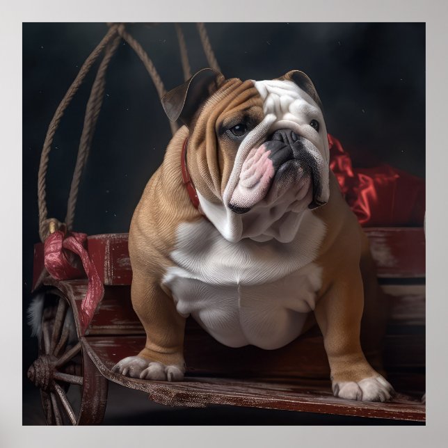 Affiche Décor de Noël Bulldog Snowy Sleigh (Devant)